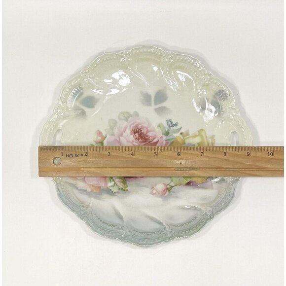 Vintage Leuchtenburg Germany PINK ROSES Cake Plate 9.25” Chic Cottagecore Handle - Picture 4 of 8